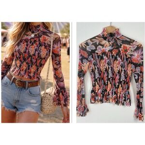 Chelsea & Violet Sheer Floral Mesh Smocked Mock Neck Trumpet Sleeve Top Festival